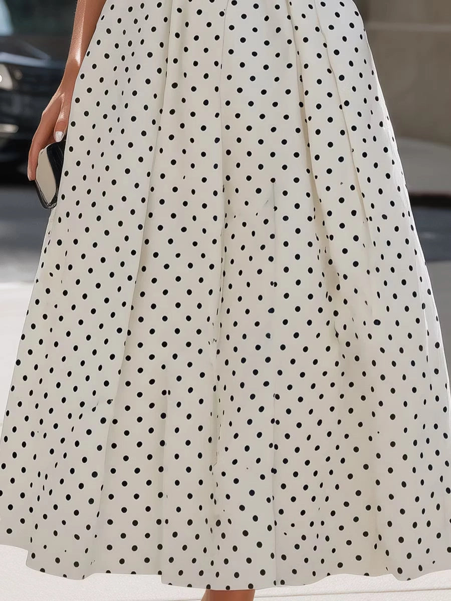 Polka Dot A-line High Neck Cap Sleeve Zipper Back Midi Wedding Guest Dress
