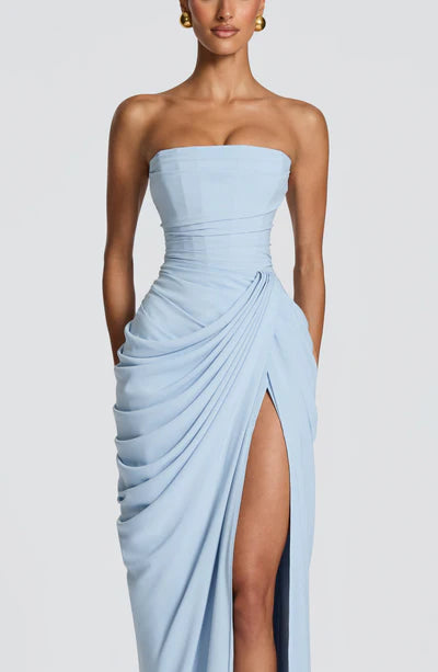 Light Blue Asymmetrical Strapless Draped High-Slit Lace-up Maxi Dress - Corset Back Formal Evening Gown