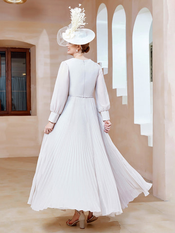 Ivory V-Neck Sheer Puff Sleeve Dress - Pleated Chiffon Mother of the Bride Formal Gown