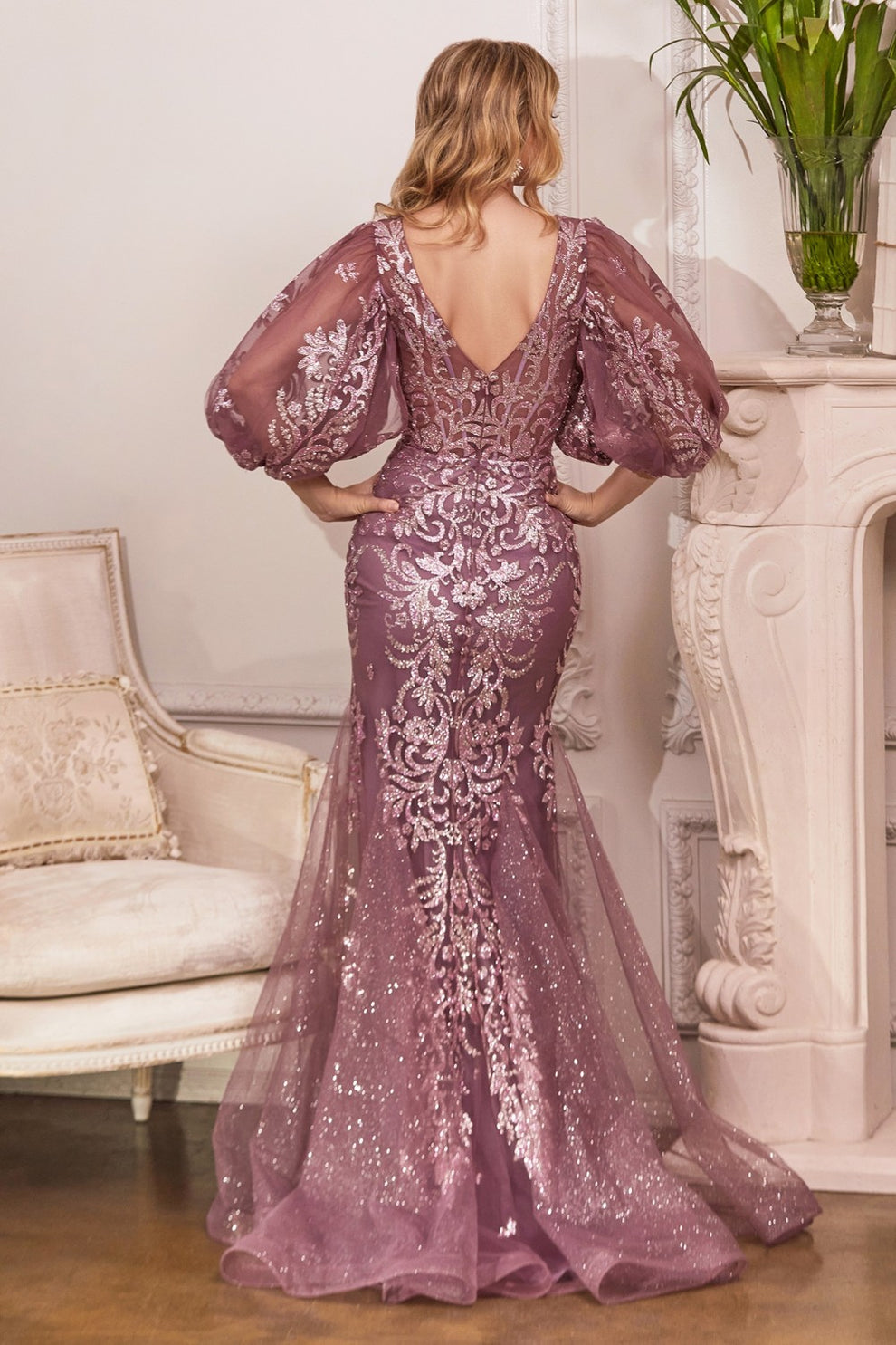 Vestido de noche formal de tul con purpurina, escote en V, manga abullonada bordada, estilo sirena
