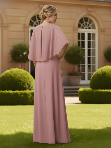 Dusty Rose Lace Applique Cape Dress Ruched Waist Chiffon Floor-Length Mother of the Bride Formal Gown