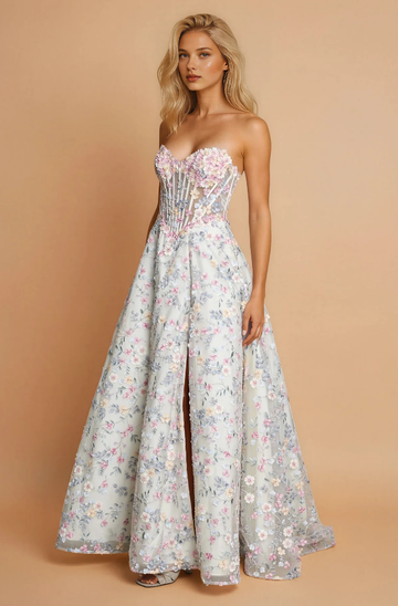 Floral strapless A-line prom gown with sheer corset bodice, 3D appliqué details, tulle skirt, and formal evening style by VEDRESS