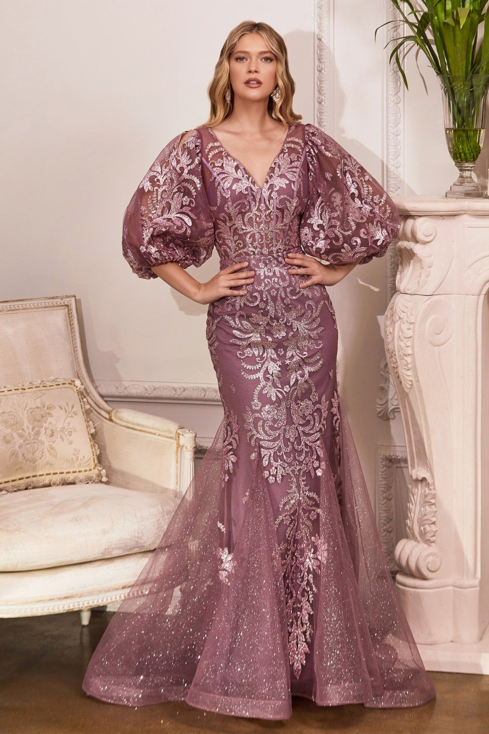 Vestido de noche formal de tul con purpurina, escote en V, manga abullonada bordada, estilo sirena