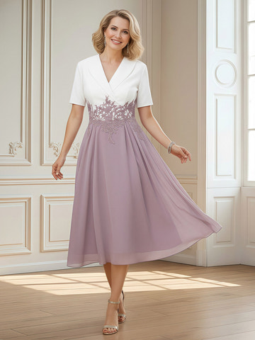 Dusk V-Neck Short Sleeve Dress Lace Appliques Chiffon Midi Mother of the Bride Formal Gown