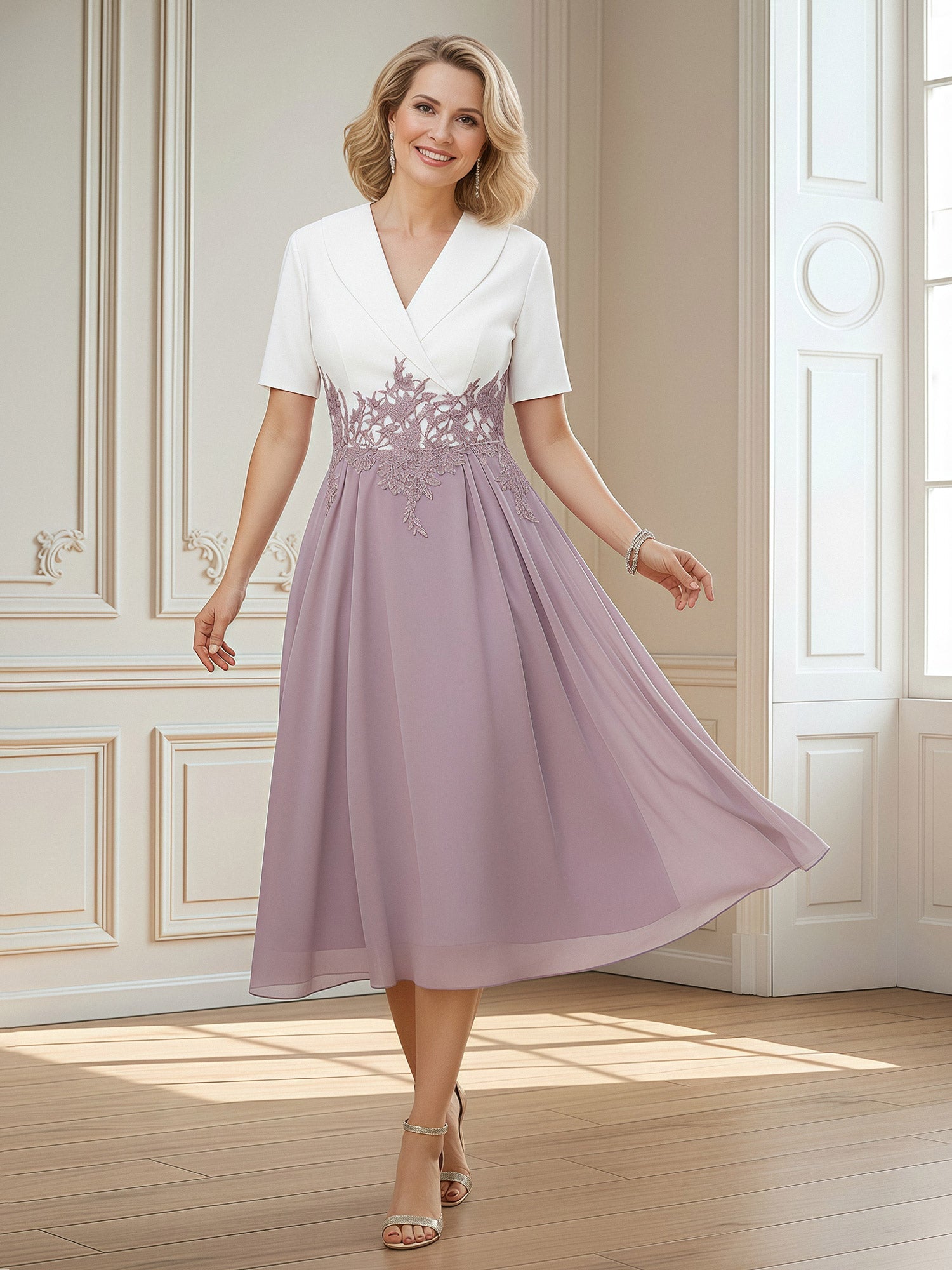 Dusk V-Neck Short Sleeve Dress Lace Appliques Chiffon Midi Mother of the Bride Formal Gown