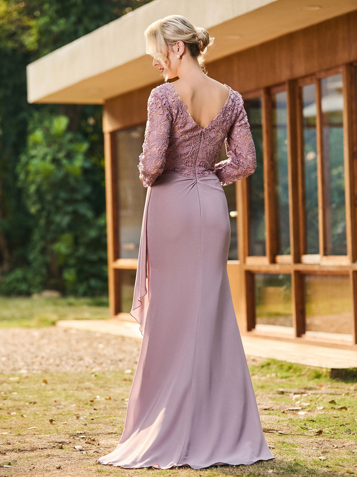 Wedding Guest Formal Gown: Long Sleeve Lace Top Chiffon Skirt Mother of the Bride Dress