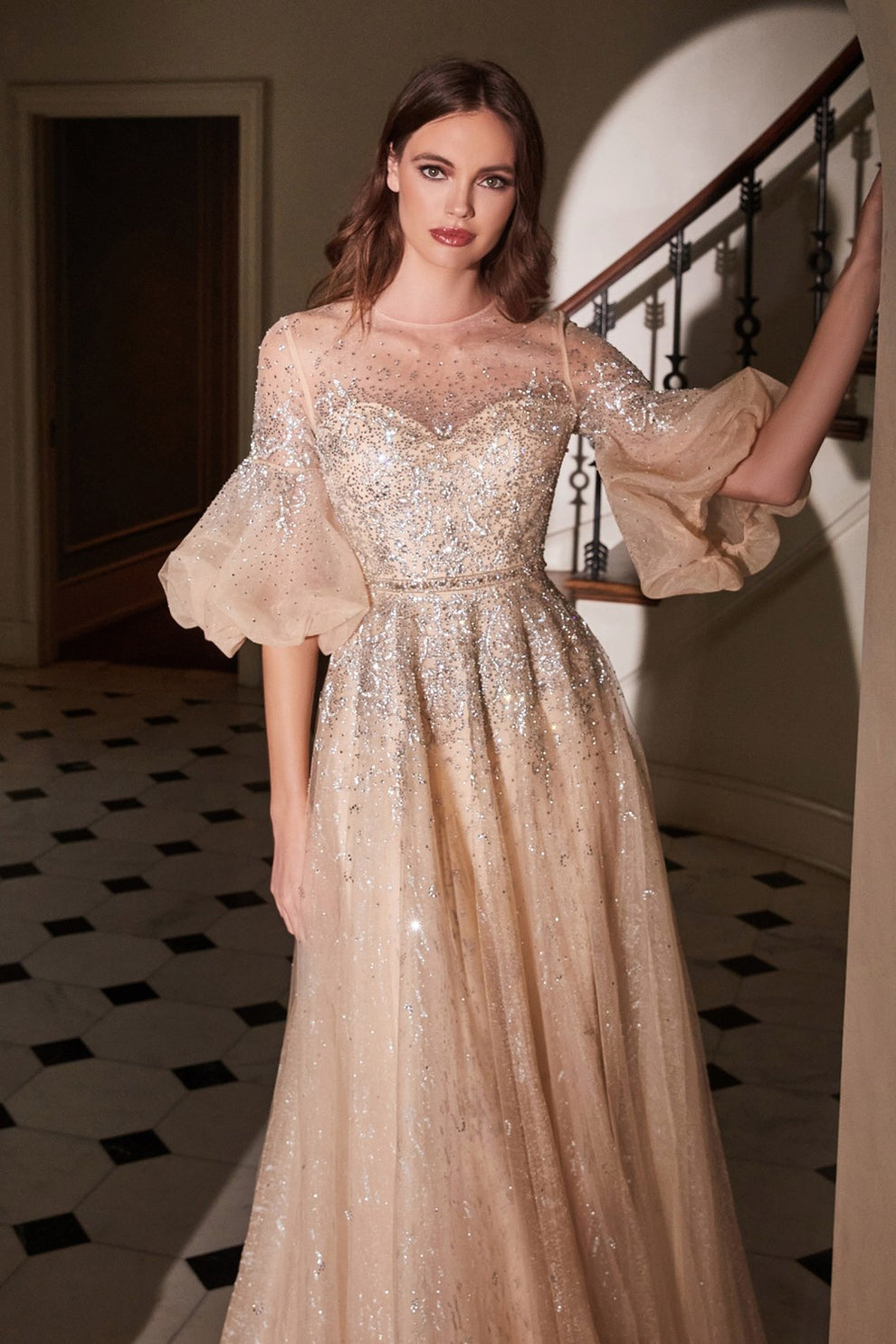 Champagne Beaded Puff Sleeve Tulle Gown - Sheer High Neck A-Line Formal Evening Dress