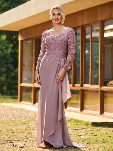 Wedding Guest Formal Gown: Long Sleeve Lace Top Chiffon Skirt Mother of the Bride Dress