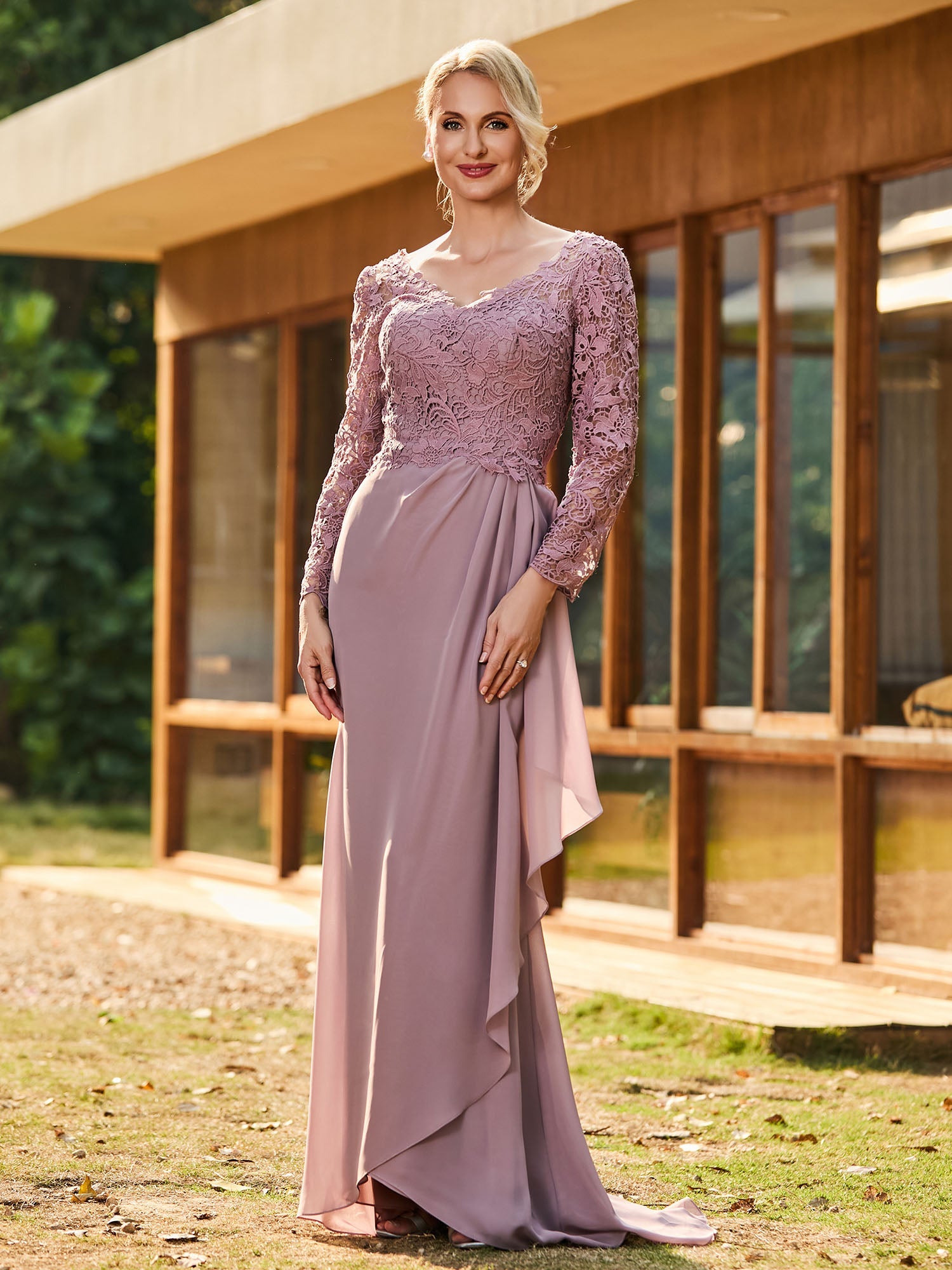 Wedding Guest Formal Gown: Long Sleeve Lace Top Chiffon Skirt Mother of the Bride Dress