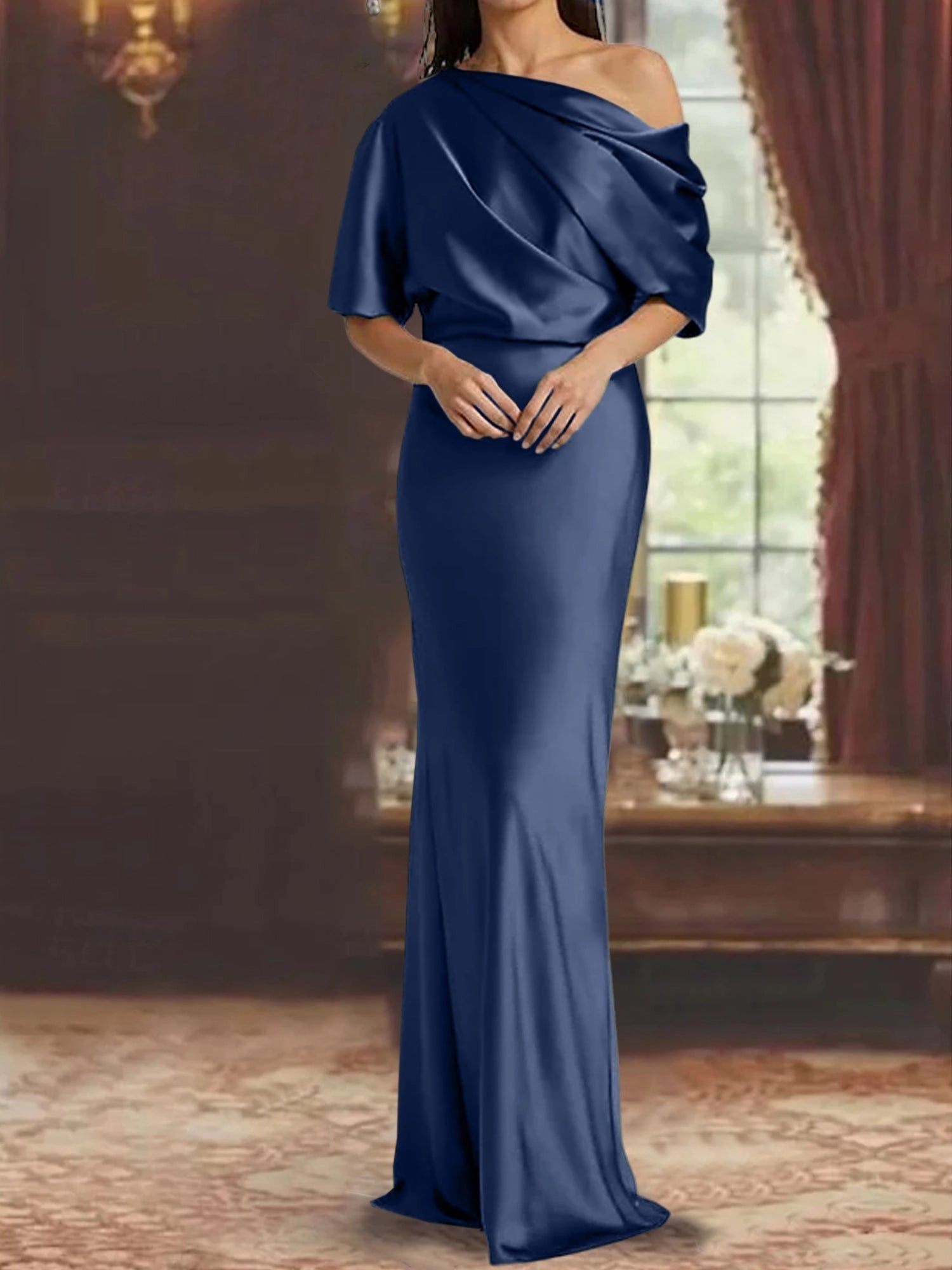 Luxury Mermaid One‑Shoulder Short‑Sleeve Open‑Back Floor‑Length Mother Of The Bride Dress