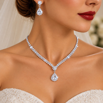 Romantic Pink Teardrop Crystal Inspired Bridal Necklace and Earrings Set