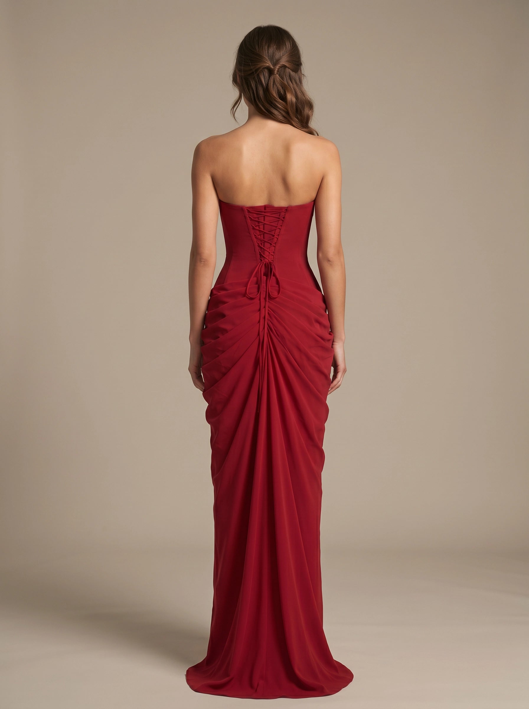 Pale‑Yellow Mermaid Strapless Draped Lace‑Up‑Back Slit Bridesmaid Dress