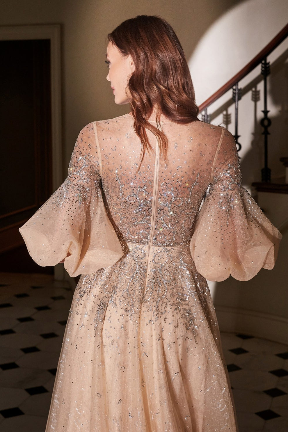 Champagne Beaded Puff Sleeve Tulle Gown - Sheer High Neck A-Line Formal Evening Dress