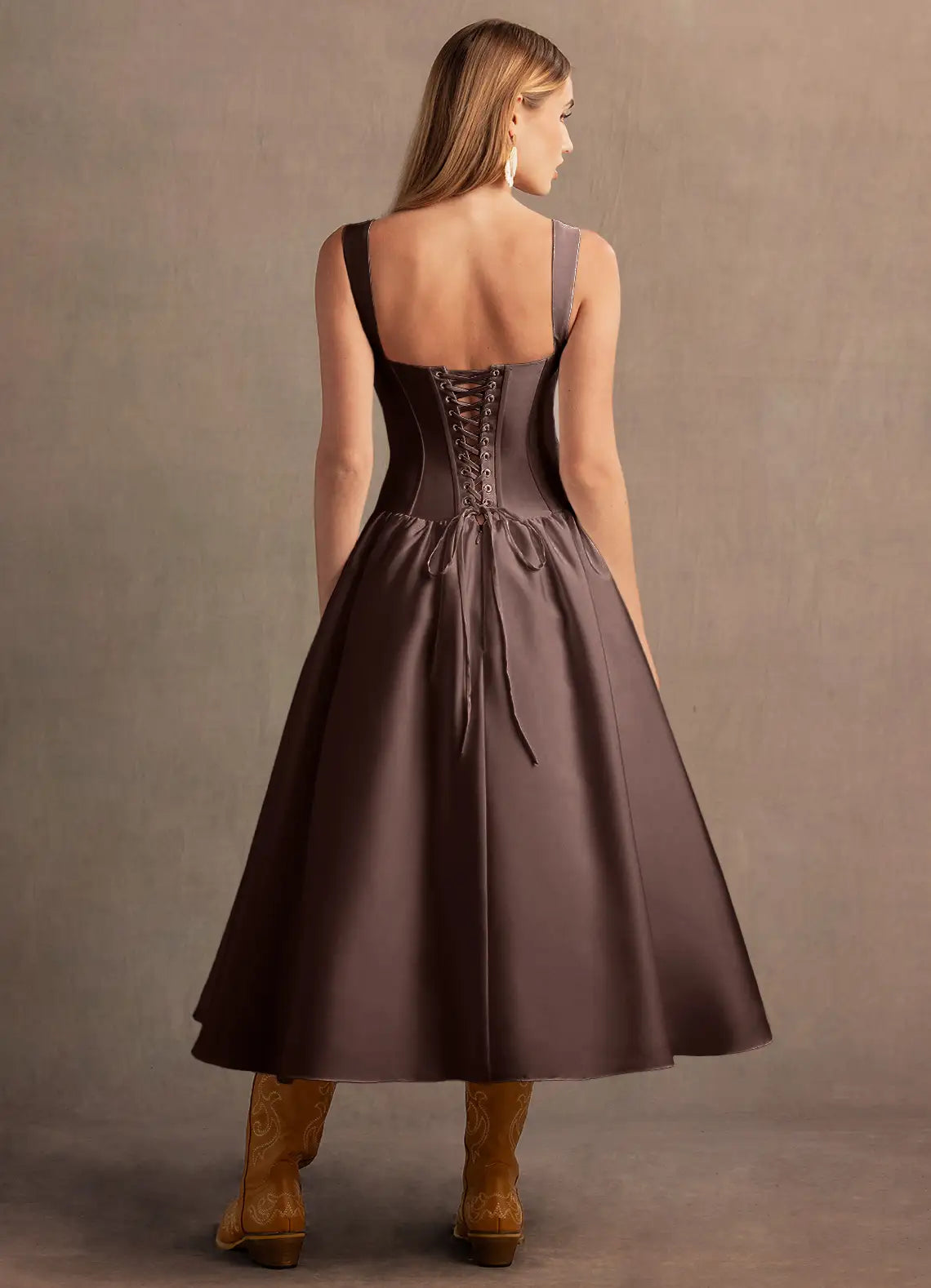 Aline Sweetheart Sleeveless Satin Midi Length Split Laceup Corset Dropped Waist Party Dress