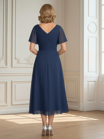 Elegant Navy Blue Mother of the Bride Dress V-Neck Sheer Flutter Sleeves Ruched Waist Chiffon Midi Gown