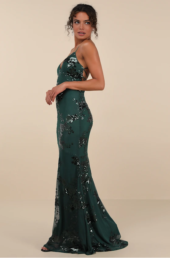Vestido de Noche Sirena Glamuroso con Tirantes Finos, Espalda Acordonada, Lentejuelas y Tul, Largo hasta el Suelo