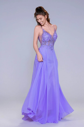 A-line evening gown with V-neckline, spaghetti straps, illusion appliqué bodice, and flowing chiffon skirt