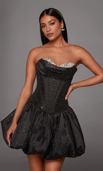 Glamorous Fit & Flare Strapless Sweetheart Draped Boned Corset Rhinestone Embellished Bubble Hem Short Homecoming Dress