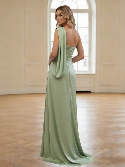 Sheath/Column One-Shoulder Silk Satin Pleated Evening Gown Bridesmaid Dresses Floor-Length Ruched