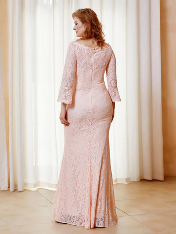 Elegant Blush Pink Mother of the Bride Dress Bell Sleeves Lace Mermaid Floor-Length Wedding Guest