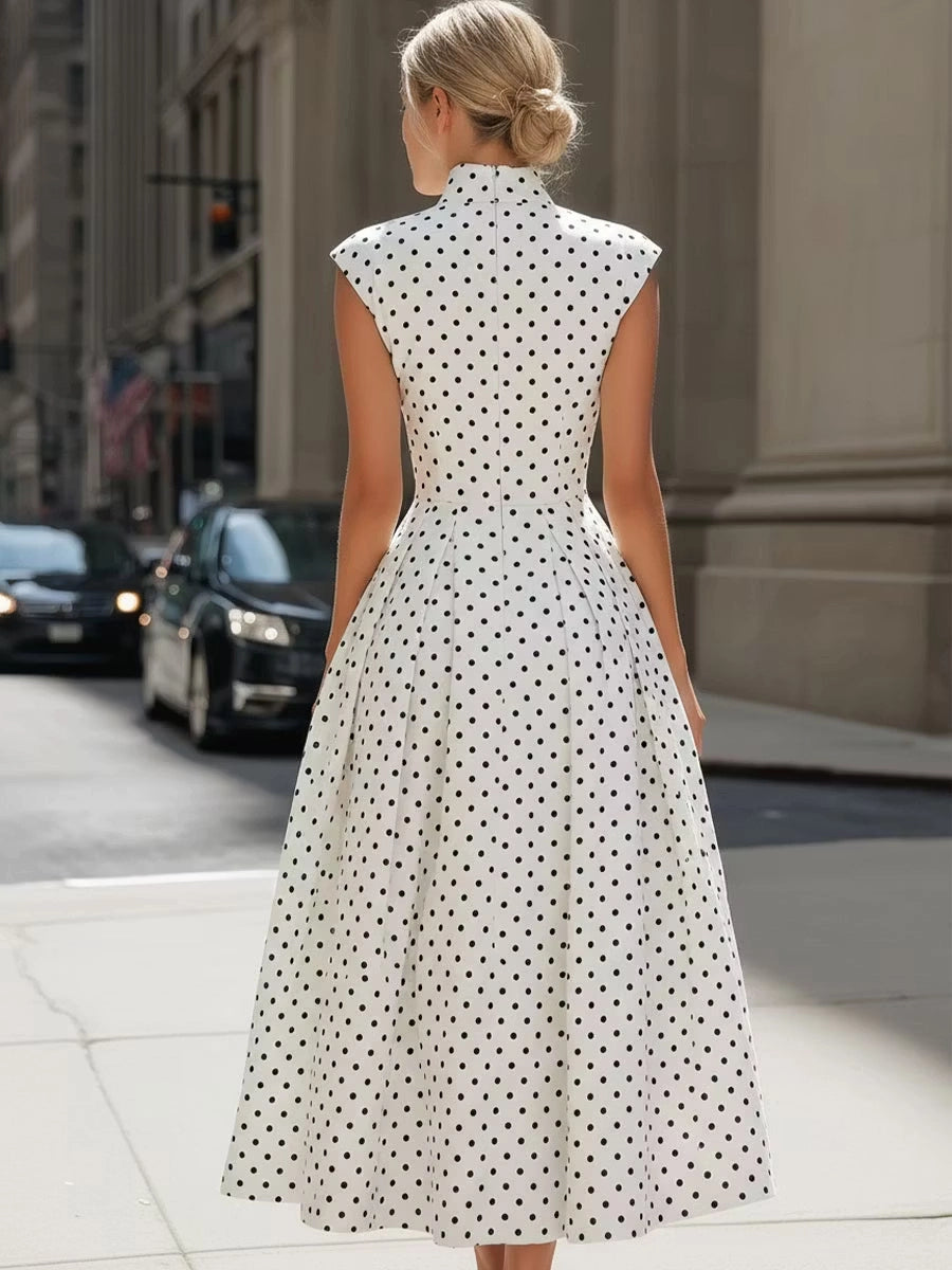 Polka Dot A-line High Neck Cap Sleeve Zipper Back Midi Wedding Guest Dress