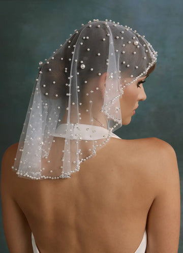 Romantic Sheer Tulle Pearl Beaded Juliet Cap Bridal Wedding Veil