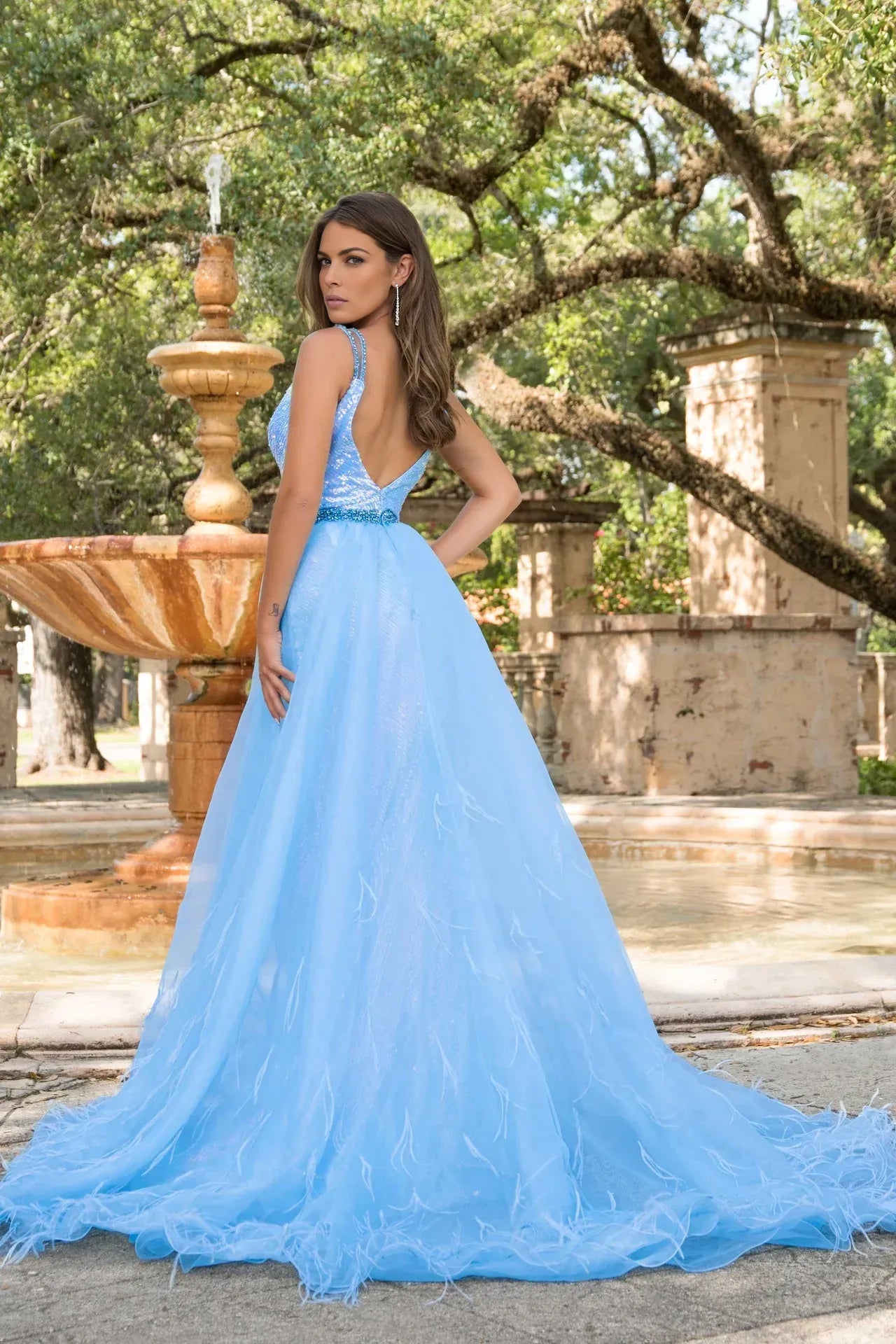 Sparkling Mermaid Deep V-Neck Spaghetti Strap Sequin Detachable Train High Slit Prom Evening Gown