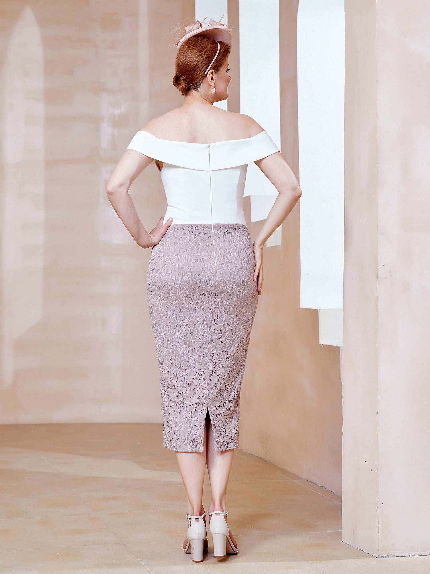 Dusk Off-the-Shoulder Two-Tone Dress Lace Sheath Midi Mother of the Bride Formal Gown