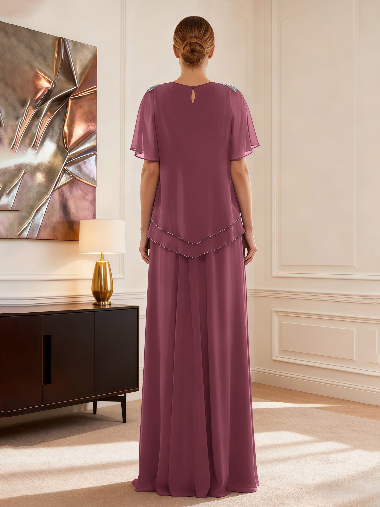 Elegant Dusty Rose Mother of the Bride Dress Flutter Sleeves Beaded Accents, Layered Chiffon Floor-Length Gown