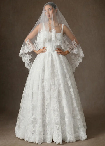 Romantic Sheer Tulle Floral Lace Two-Tier Fingertip Bridal Wedding Veil