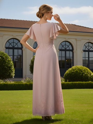 Back view of mother of the groom dress with flutter sleeves, back zipper closure, embroidered lace detail, chiffon overlay, and A-line skirt