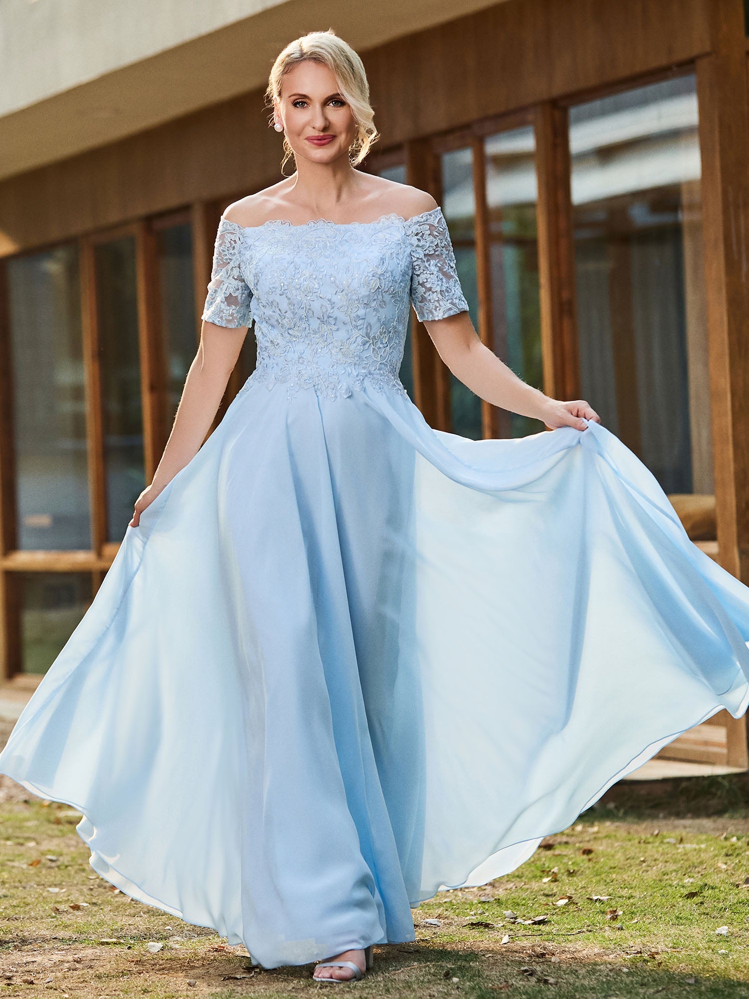 Elegant Light Blue Mother of the Bride Dress - Off-the-Shoulder, Lace Bodice, Chiffon A-Line Floor-Length Gown