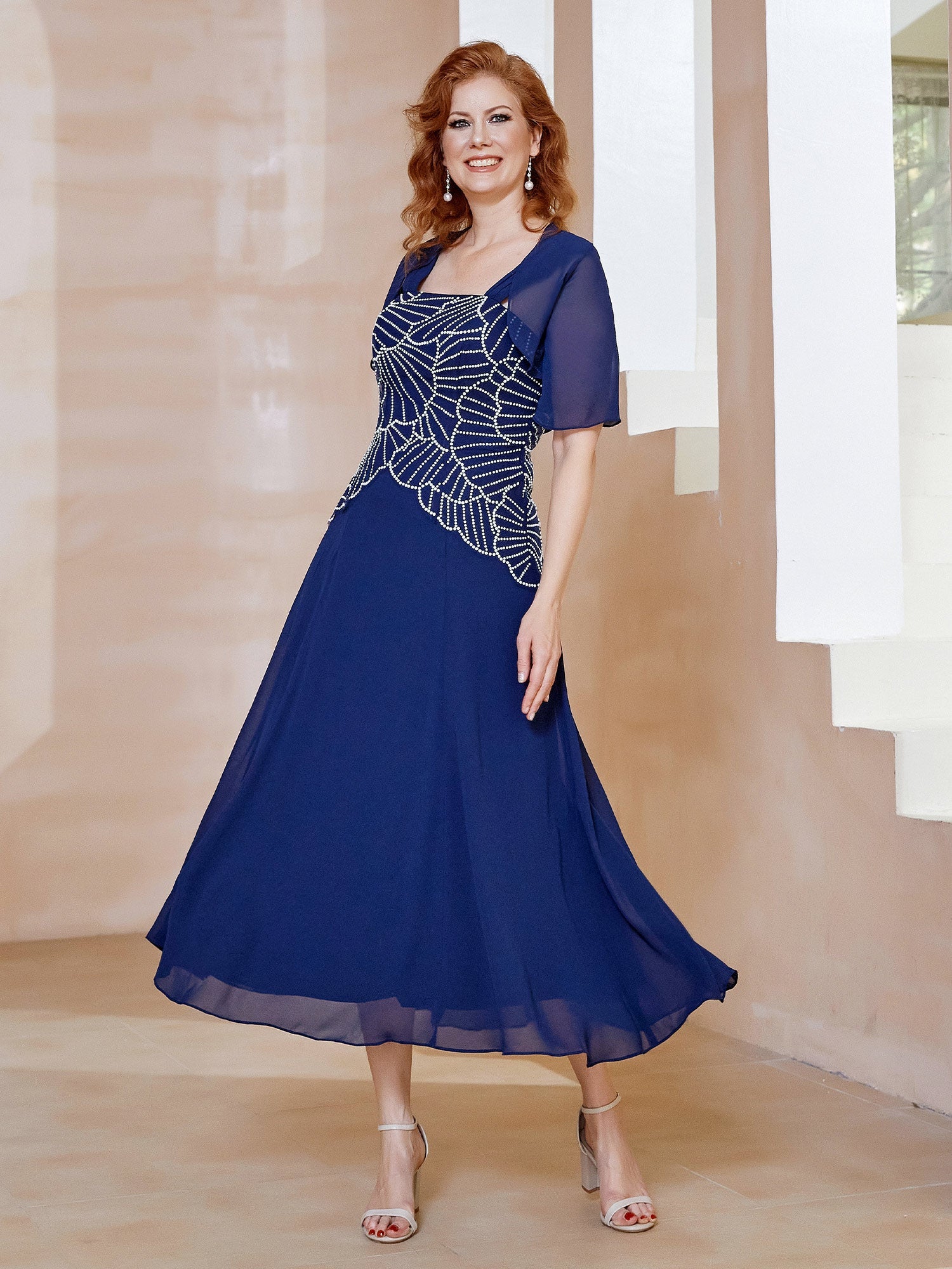 Elegant Navy Blue Mother of the Bride Dress Beaded Bodice  Chiffon Jacket, Midi Mermaid Gown