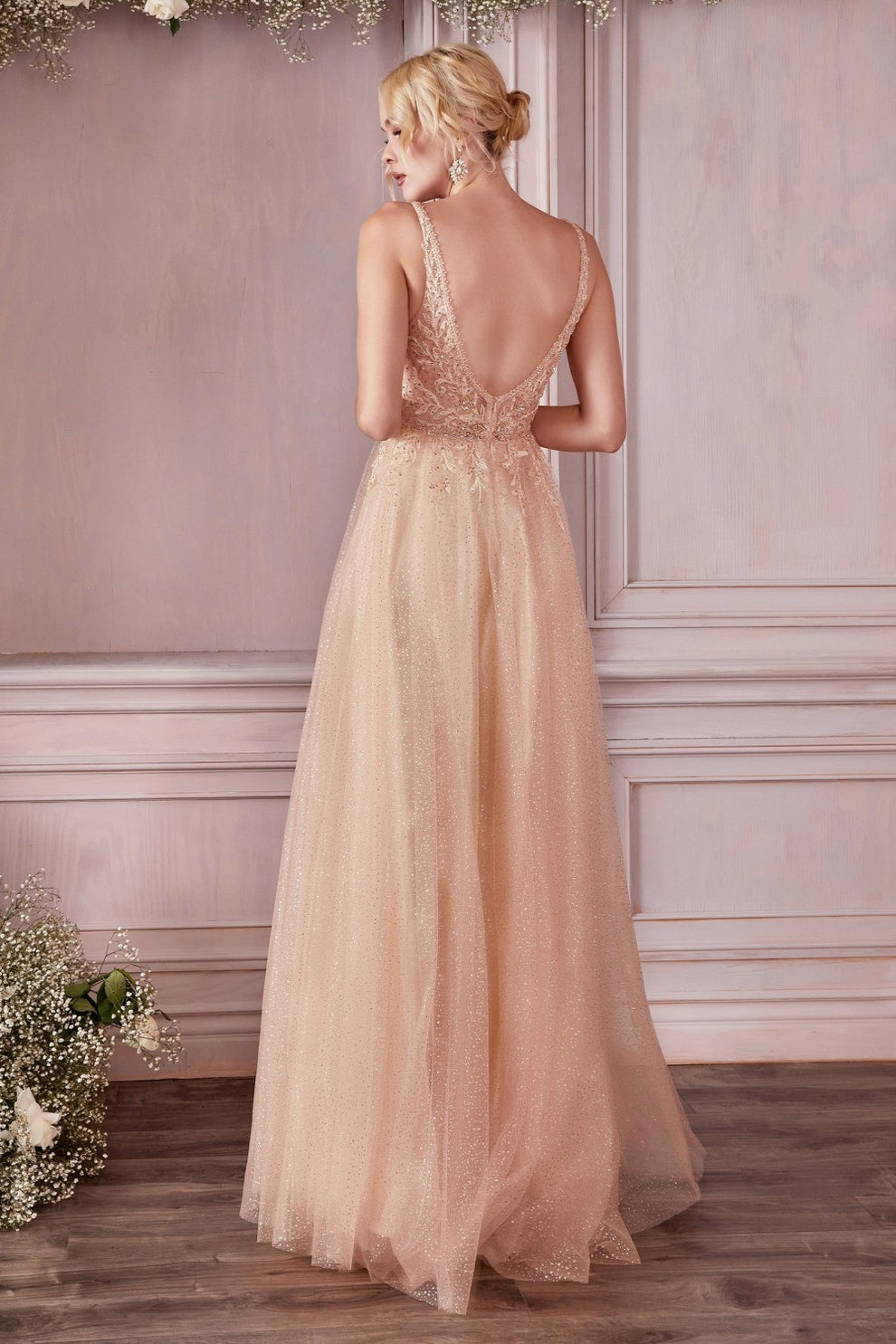 Women's Blush Champagne Sequin Tulle Prom Dress Spaghetti Strap V-Neck A-Line Formal Evening Gown