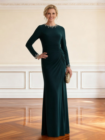 Elegant Emerald Green Mother of the Bride Dress - Long Sleeve, Beaded Neck & Cuffs, Ruched Floor-Length Gown