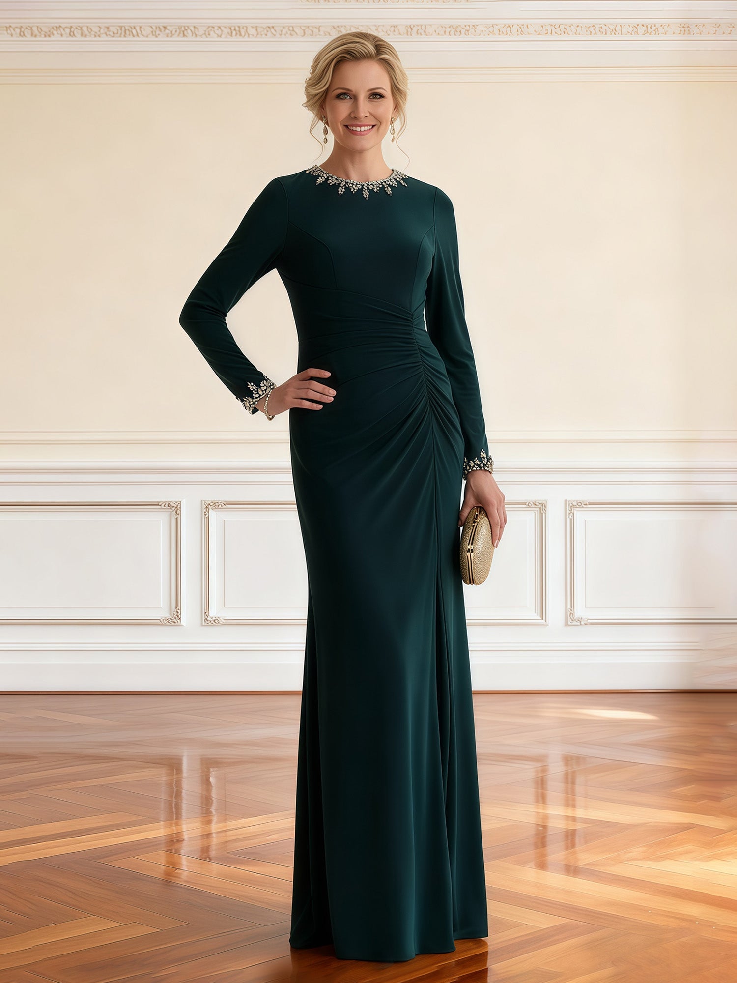 Elegant Emerald Green Mother of the Bride Dress - Long Sleeve, Beaded Neck & Cuffs, Ruched Floor-Length Gown