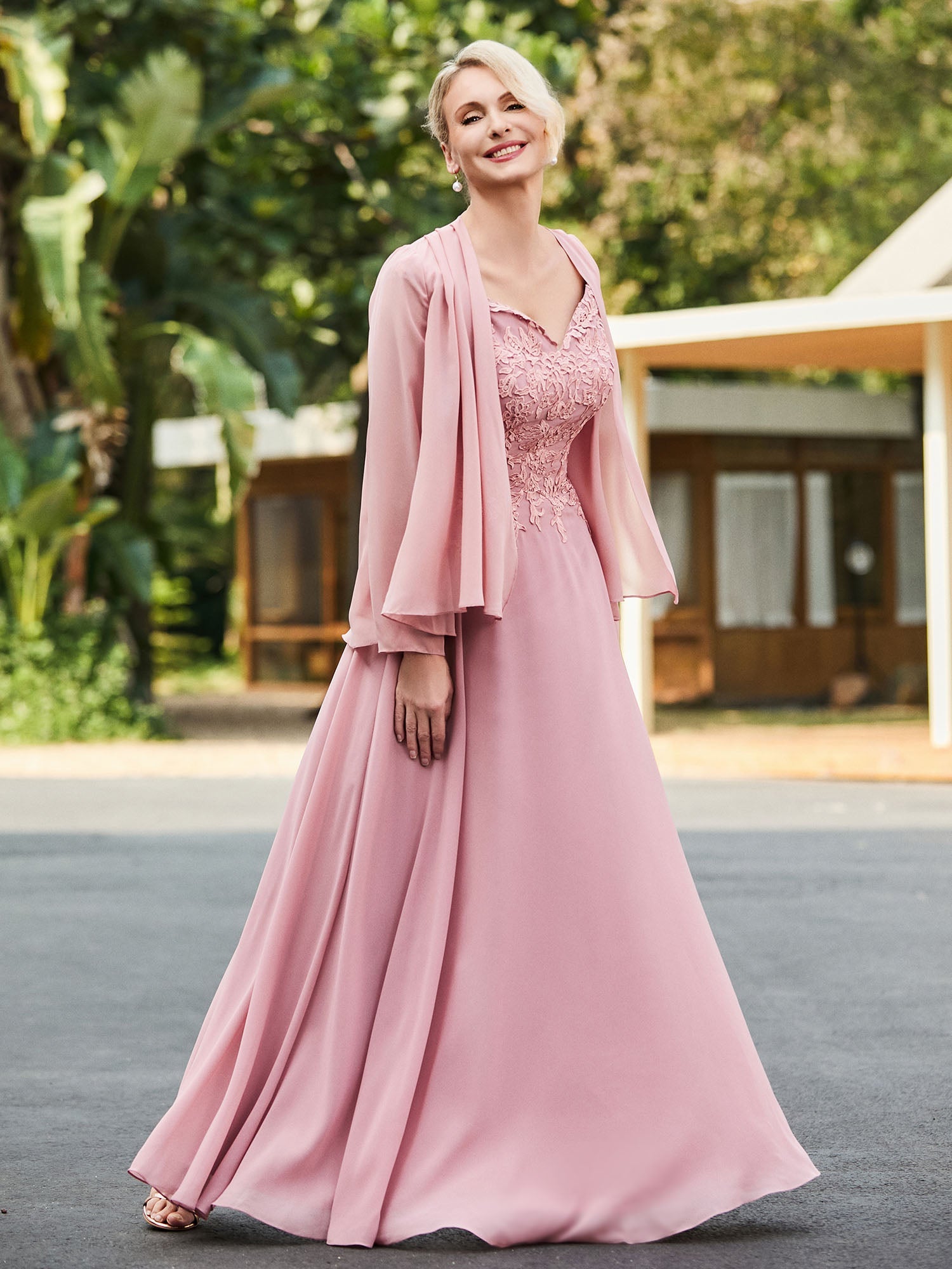 Elegant Dusty Pink Mother of the Bride Dress - Lace Bodice, Chiffon Jacket, Floor-Length A-Line Gown