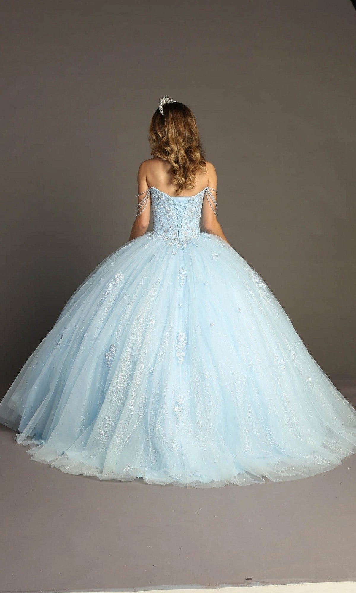 Vedress ice blue quinceanera dress lace‑up corset back crystal chain straps floor length ballgown back view