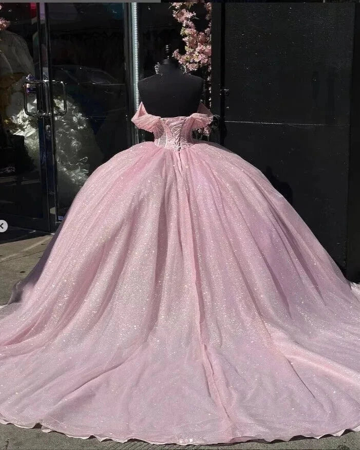 Lavender Ballgown Sweetheart Off-shoulder Lace-up Back Sweep Train Quinceañera Dress