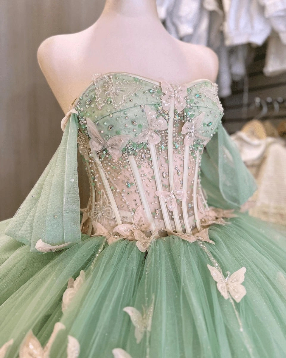 Sage Green Ball Gown Off Shoulder Puff Sleeve Lace Up Back Long Quinceañera Dress