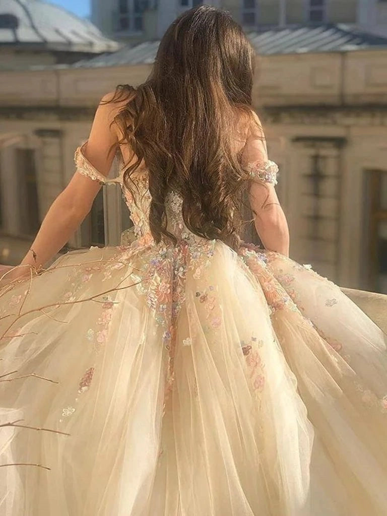 Champagne Ballgown Sweetheart Off-shoulder Short Sleeve Lace-up Back Sweep Train Quinceañera Dress