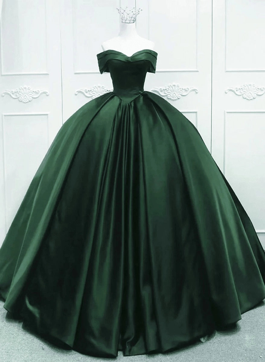 Dark Green Satin Ball Gown Off The Shoulder Lace Up Back Quinceañera Dress