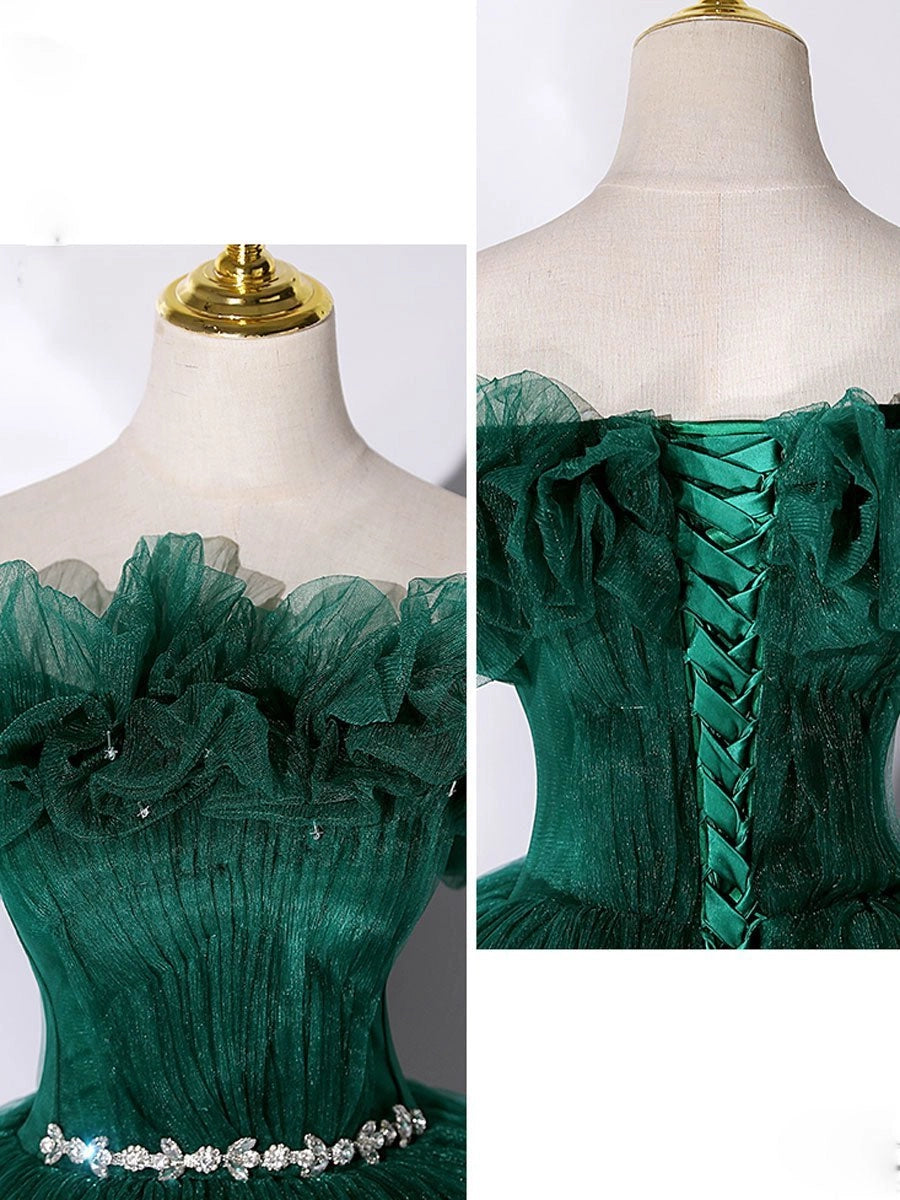 Emerald Green Ballgown Off Shoulder Ruffle Sleeve Lace-up Back Floor Length Quinceañera Dress