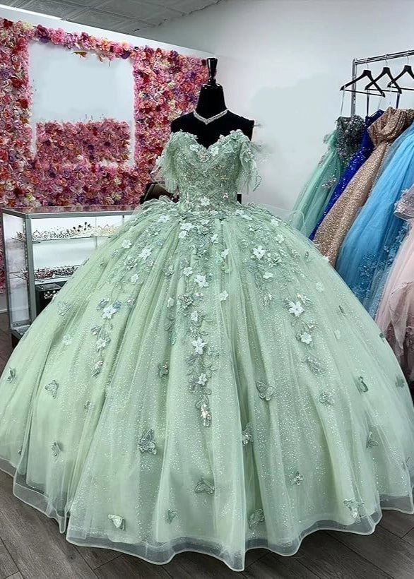 Sage Green Ball Gown Off Shoulder Cape Sleeve Lace Up Back Long Quinceañera Dress
