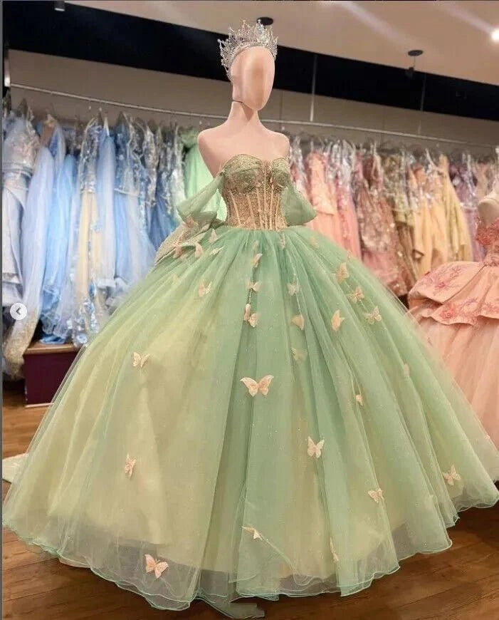 Sage Green Ball Gown Off Shoulder Puff Sleeve Lace Up Back Long Quinceañera Dress
