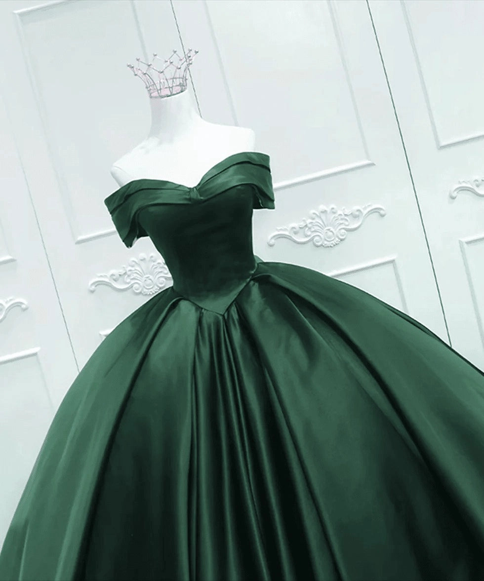 Dark Green Satin Ball Gown Off The Shoulder Lace Up Back Quinceañera Dress