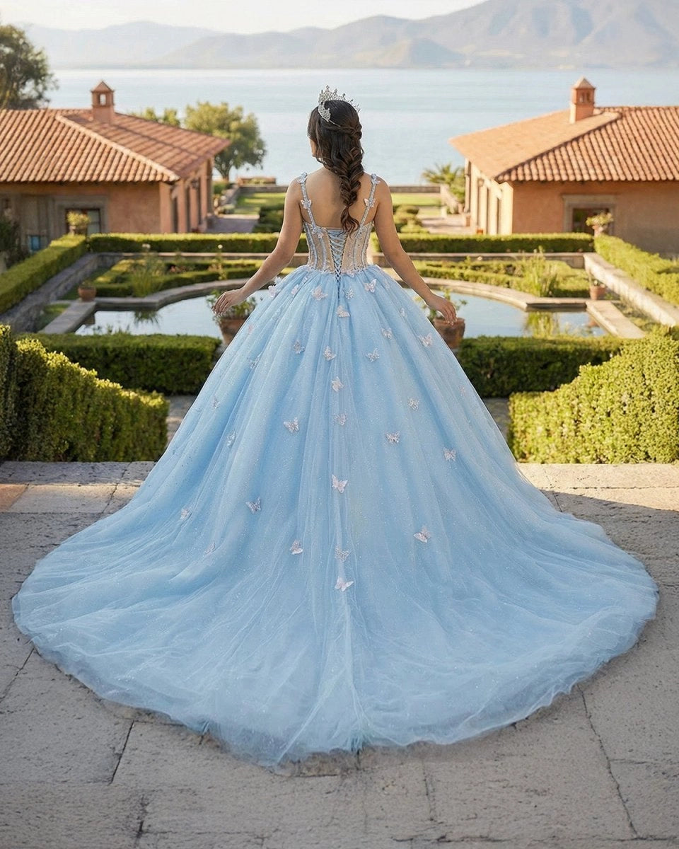 Vedress light sky blue quinceanera ballgown back view, lace-up corset back, court train glitter tulle skirt decorated with 3D butterflies