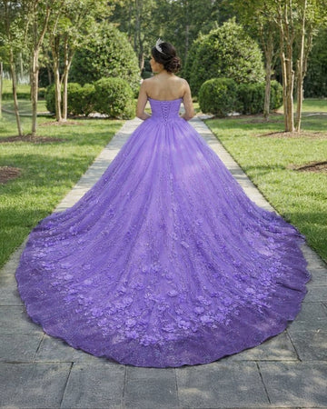Vedress purple quinceañera dress, corset lace up back and long train with 3D floral appliques