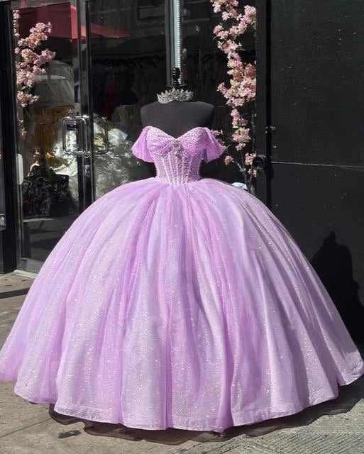 Lavender Ballgown Sweetheart Off-shoulder Lace-up Back Sweep Train Quinceañera Dress