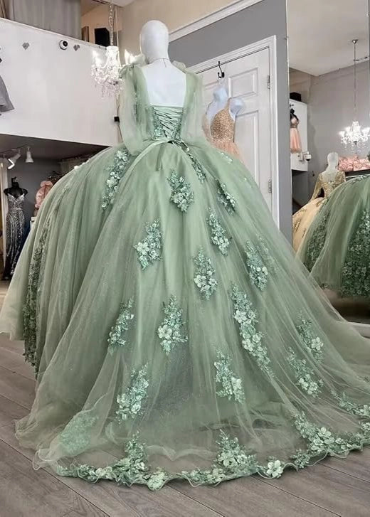 Sage Green Ball Gown Off Shoulder Cape Sleeve Lace Up Back Long Quinceañera Dress